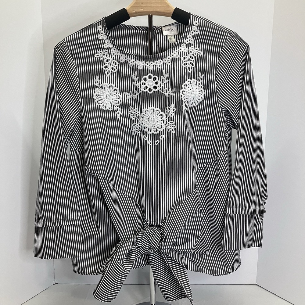 Cupio Womens Gray & White Striped Floral Emboidered Tie Waist 3/4 Slv Shirt Sz S